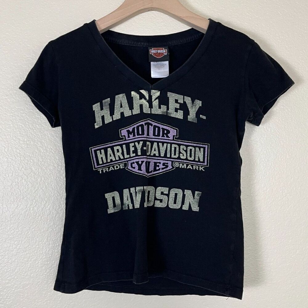Harley Davidson Women's Size S Black Graphic Baby Tee Shirt Cotton Y2K Biker